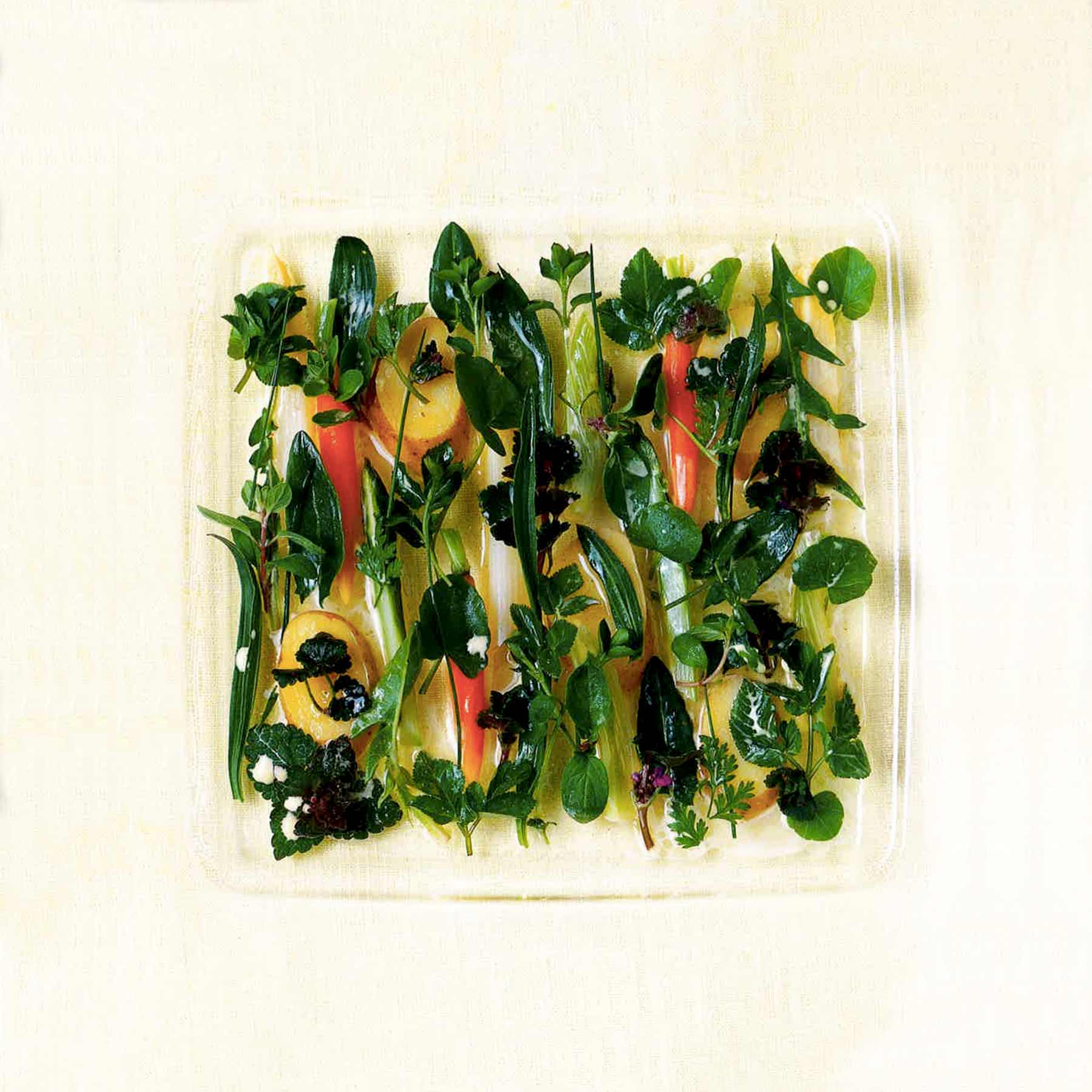Wiesenkräuter-Salat mit Dressing und Frühlingsgemüse